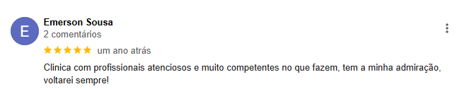 Feedback do Emerson Sousa: Clínica com profissionais atenciosos e muito competentes no que fazem, tem a minha admiração, voltarei sempre!